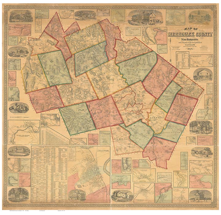 Old Map of Merrimack Co NH, 1858 Wall Map