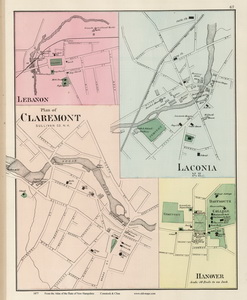 Old Map of the Cities Claremont, Laconia, Lebanon, & Hanover NH, 1877